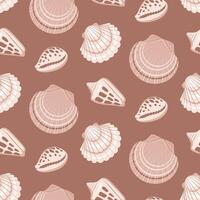 Seamless pattern with Sea shells on brown background in cartoon style vector