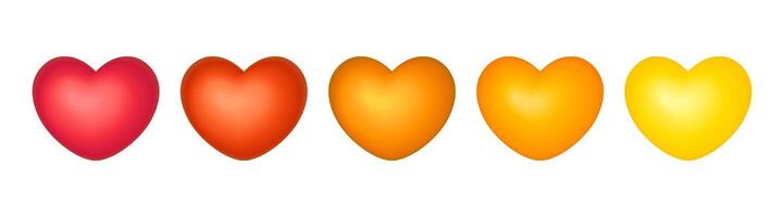 Set of red, orange and yellow, 3D hearts isolated on white background vector