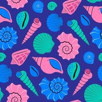 Colorful Seashell seamless pattern on blue background in modern flat style vector