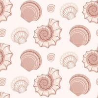 Seashells seamless pattern on beige background in cartoon style vector