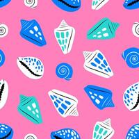 Sea shells seamless pattern on pink background in trendy flat style vector