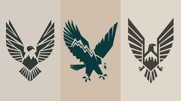 three stylized eagles, each depicted in a distinct geometric style. The eagles are arranged side-by-side, with varying shapes, sizes, and colors, creating a visually interesting composition vector