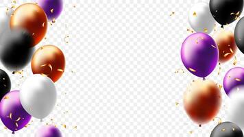 Frame seamless Happy Halloween with colorful balloons and confetti for party invitation, poster, festive background vector