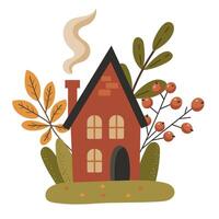 Cute cartoon house with a triangular roof and a chimney, with autumn leaves around. vector