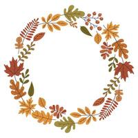 A wreath made of autumn leaves with a white background. The leaves are of different sizes and colors, and they are arranged in a circular pattern. The wreath is a beautiful vector