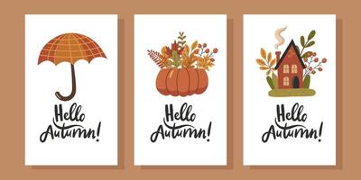 Three postcards with autumn themes and the words Hello Autumn written on them. vector