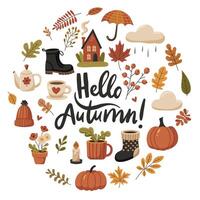 A set of elements on an autumn theme, collected in a circle. Lettering Hello, autumn vector