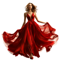 mulher dentro vermelho vestir flutuando meio do ar com fluindo tecido em transparente fundo ai-generativo png