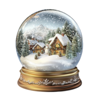 Golden Snow Globe with Winter Village Scene and Clear Glass Bottom on Transparent background AI-Generative png