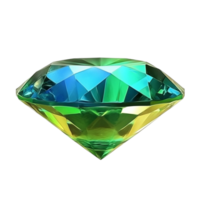 Three-Dimensional Rendering of Multi-Colored Faceted Diamond in Blue, Green, and Yellow on Transparent background AI-Generative png