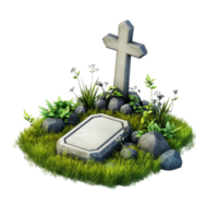 Gray Cross on Green Grass Surrounded by Rocks on Transparent background AI-Generative png
