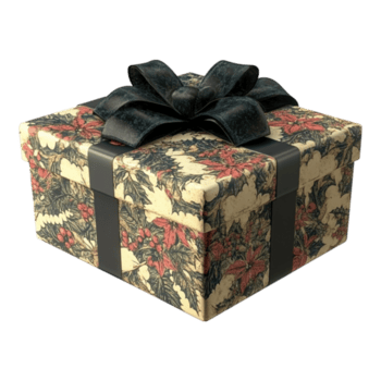 piazza scatola avvolto nel floreale fantasia tessuto con nero nastro e arco su superiore categoria oggetti su trasparente sfondo ai-generativo png