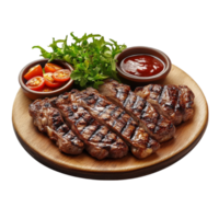 Plate of Grilled Steak with Tomatoes and Side of Ketchup on Transparent background AI-Generative png