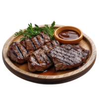 Plate of Grilled Steaks with Side of Sauce and Garnish on Transparent background AI-Generative png