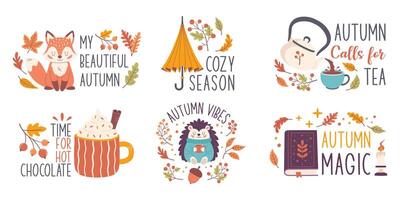 Autumn lettering set, hand-drawn. A collection of autumn slogans, autumn stickers. Autumn phrases with cute and cozy design elements vector