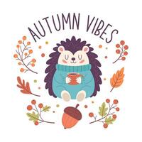 A hand-drawn autumn sticker with the phrase Autumn Vibes. An autumn phrase with cute and cozy design elements vector