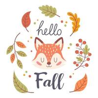 A hand-drawn autumn sticker with the phrase Hello Fall. An autumn phrase with cute and cozy design elements vector