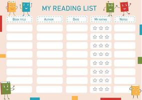 Reading list for kids with funny books. Book reading tracker, journal for progress tracking and motivation for children. Chart for school, book club, literature classe. vector