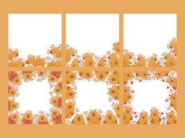 Set of frames, borders, cards with hand draw capybara with flowers and copy space. illustration in flat style. Cartoon cute animal for print. Kids illustration on white background. vector