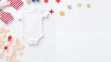 White baby bodysuit surrounded by playful stars banner background copy space. Sense of purity image backdrop empty. Parenting blog. Babyhood concept composition top view, copyspace photo