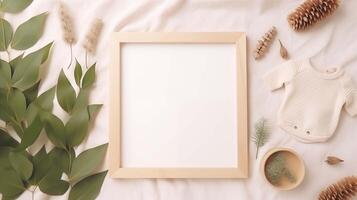 Wooden frame mock up with green leaves backdrop. Soft fabric background. Cozy baby elements pictureframe mockup with blank space. Babyhood concept composition top view, border picture photo