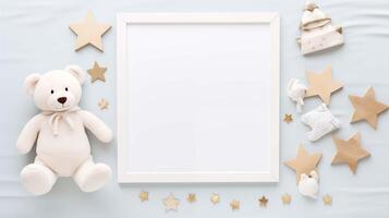Accented with plush bear, stars crisp white frame mock up. Soft nursery decorations pictureframe mockup with blank space. Babyhood concept composition top view, border picture photo