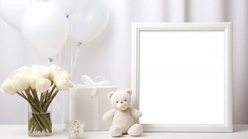 Elegant celebration setting with frame mockup. White balloons, roses, toy bear. Blank framework, advertising mock up. Babyhood concept composition front view, showcase interior copy space photo
