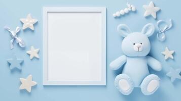 Plush rabbit with soft blue tones frame mock up. Nursery scene. Starry accents around pictureframe mockup with blank space. Babyhood concept composition top view, border picture photo