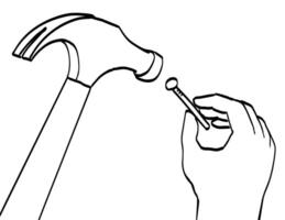 Hand With Hammer Hammering Nail High Angle Drawing vector