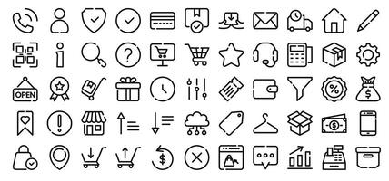 Set of 55 outline icons related shopping . Linear icon collection. Editable stroke. vector