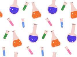 Seamless pattern of chemistry flasks and lab equipment. Colorful design for scientific and educational content vector