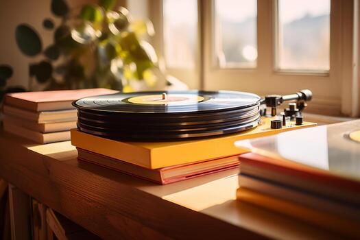 A record player sitting on top of a stack of books photo