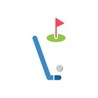 Golf hole with a flag on the ground depicting a golfer hitting a golf ball,icon isolated white background vector