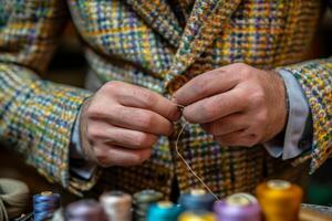 A man in a suit is sewing thread on a spool photo