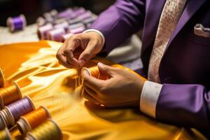 A man in a suit is sewing thread onto a fabric photo
