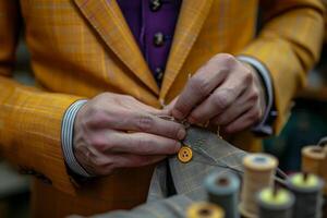 A man in a suit is sewing a button on a suit photo