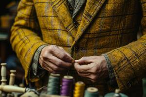 A man in a yellow jacket is tying a thread photo