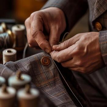 A man in a suit is sewing a button on a suit photo