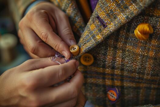 A person is tying a button on a suit jacket photo