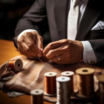 A man in a suit is working on a piece of fabric photo