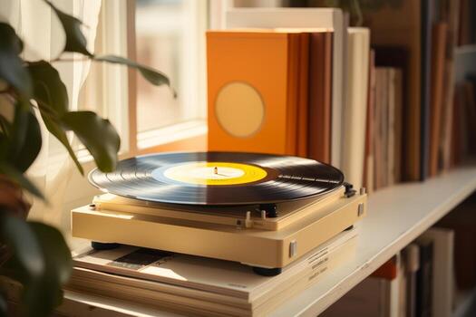 A record player sits on a bookshelf next to a plant photo