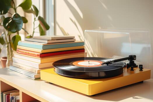 A record player sitting on a table next to books photo