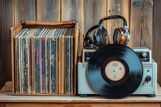 Vinyl records and headphones on a wooden table photo