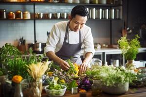 A man in an apron is preparing food in a kitchen photo
