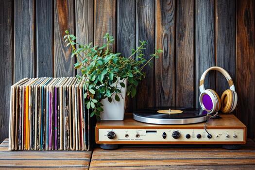 Vinyl records and headphones on wooden table photo