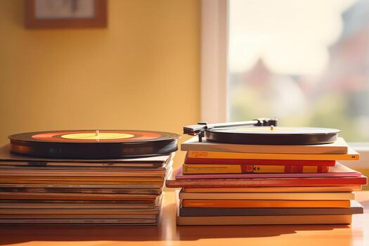 A stack of vinyl records and a record player photo