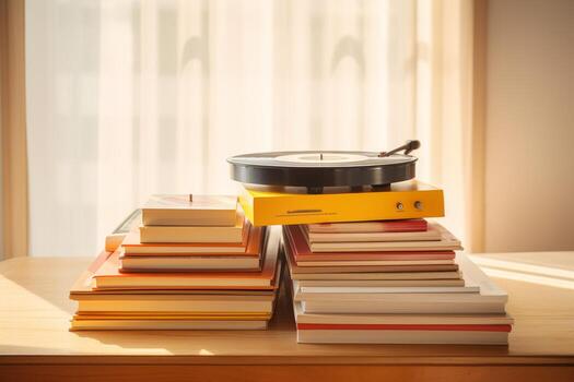 A stack of books and a record player on a table photo