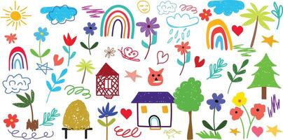 Cute kid scribble line flower, heart. rainbow background. Hand drawn doodle sketch childish element set. Flower, heart, cloud children draw style design elements background vector