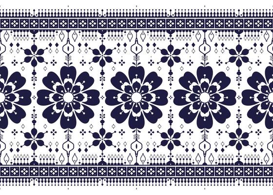 dark blue symbol floral on White background, ethnic fabric seamless pattern design for cloth, carpet, batik, wallpaper, wrapping etc.