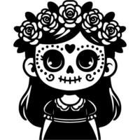 Portrait of Mexican girl with traditional holiday makeup and flower crown on her head in monochrome. Simple minimalistic image in black ink drawing on white background vector